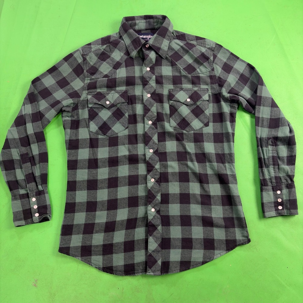 Vintage 90s Wrangler Western Pearl Snap Flannel Shirt Mens M Green Plaid Cowboy